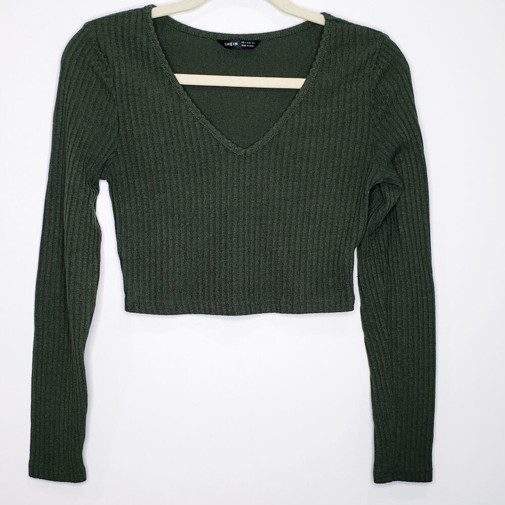 Shein V Neck Long Sleeve Crop Top Olive Green Small